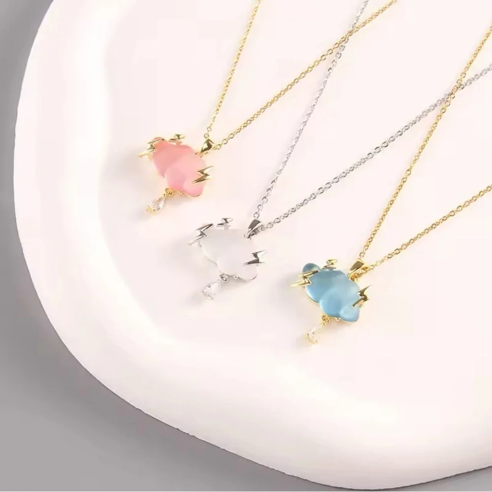 18K Gold Pink Opalescent Cloud Lightning Bolts Diamond Rain Drop Necklace - Picture 6 of 7